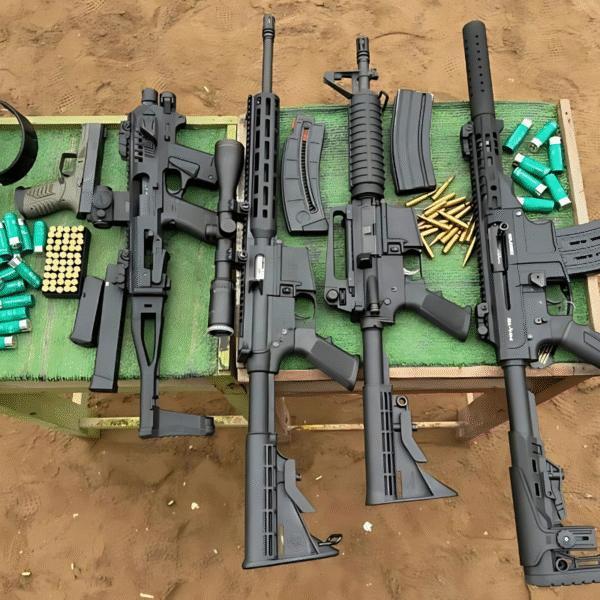 Diferentes tipos de armas en un poligono de tiro