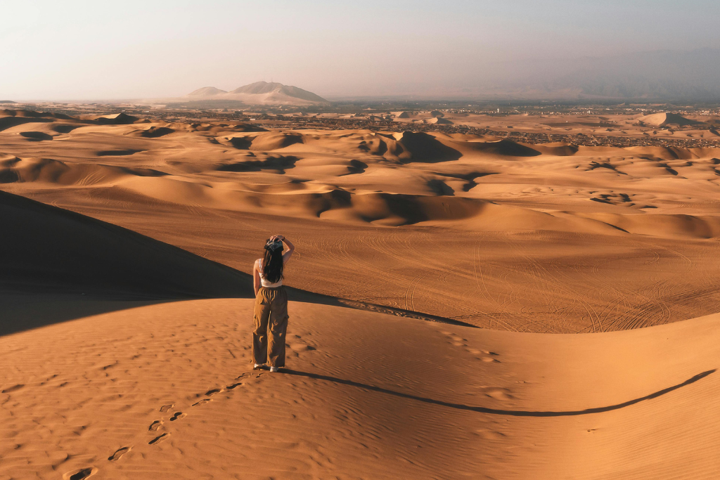 Una persona de espaldas observa un vasto desierto de dunas doradas bajo un cielo despejado. Las dunas presentan patrones de viento y sombras marcadas por la luz del sol bajo. Al fondo, se distingue un valle con vegetación y montañas lejanas.