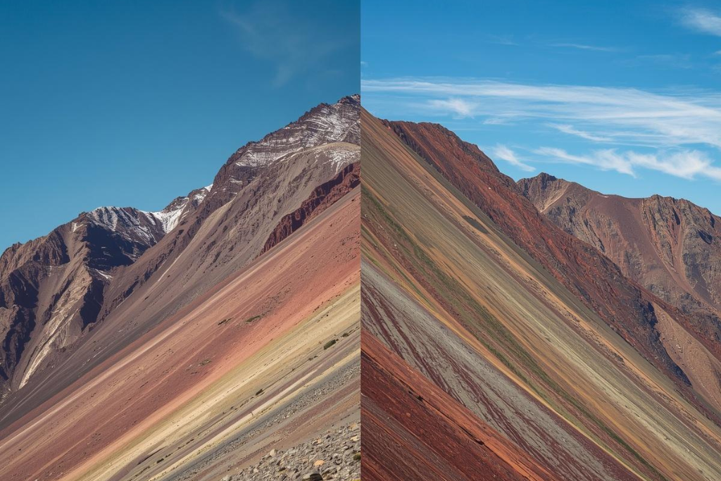 Imagen dividida que muestra dos montañas con vetas minerales de colores. A la izquierda, una ladera con tonos rosados, ocres y verdes bajo un pico con restos de nieve. A la derecha, una montaña con franjas diagonales de color rojo intenso, amarillento y grisáceo bajo un cielo azul con nubes tenues.