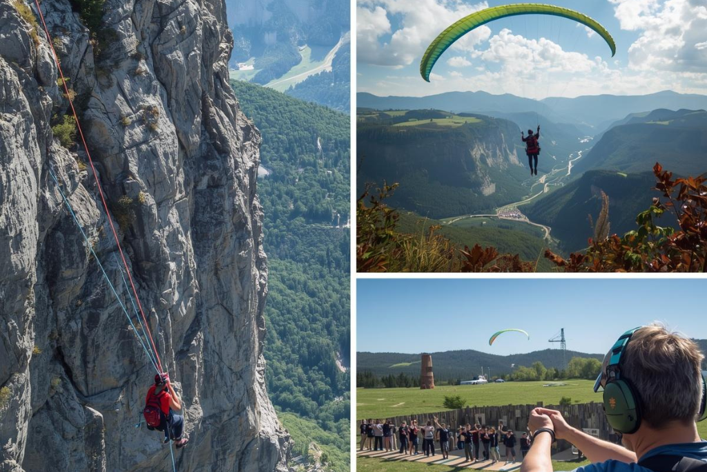 Collage de tres imágenes que muestran actividades de aventura. A la izquierda, una persona realiza rapel descendiendo por un acantilado de roca gris. En la parte superior derecha, un parapente verde vuela sobre un valle profundo entre montañas. En la parte inferior derecha, un hombre con protectores auditivos toma una fotografía de un grupo de personas en un campo de tiro al aire libre.