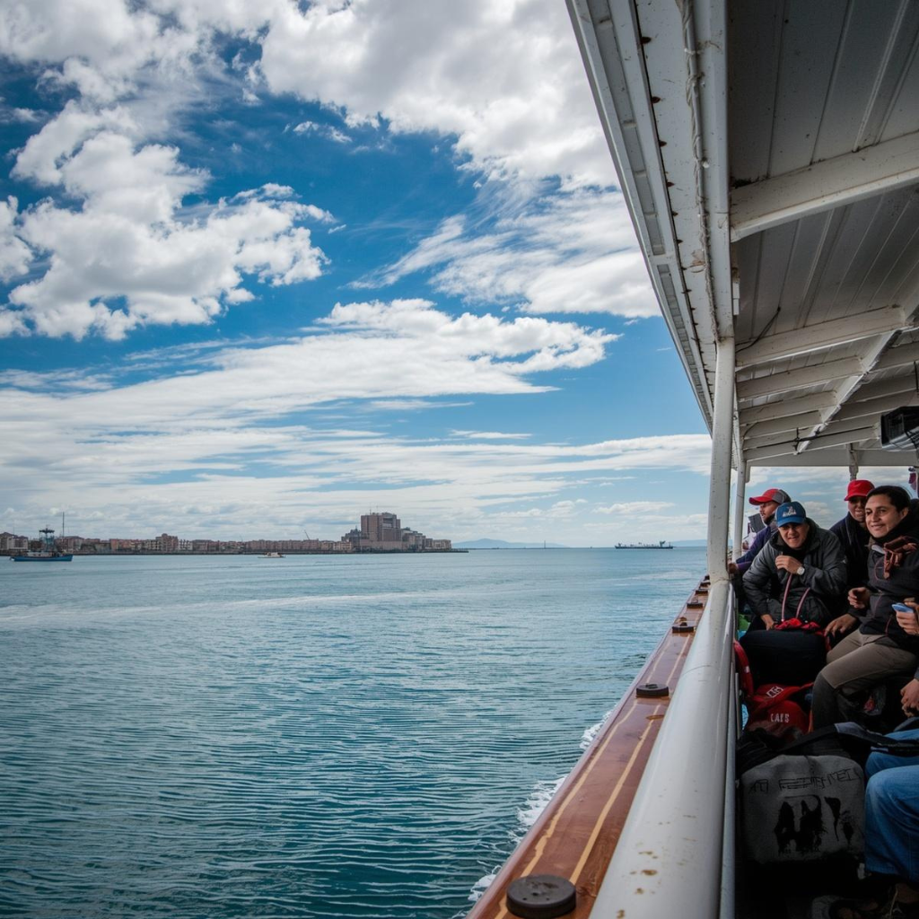 Vista desde el interior de una embarcación de madera con turistas sentados a la derecha. El barco navega sobre un mar azul verdoso bajo un cielo despejado con nubes blancas. Al fondo se distingue la silueta de la costa del Callao y edificios portuarios bajo el horizonte.