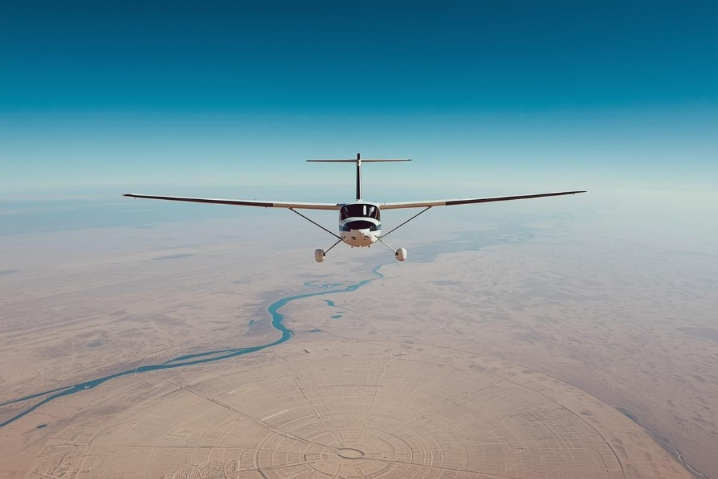Vista aérea de una avioneta blanca volando directamente hacia la cámara sobre un vasto desierto. Debajo de la aeronave se extiende un enorme geoglifo circular con intrincados patrones radiales y rectangulares trazados en la arena. Al fondo, un río serpentea por el paisaje árido bajo un cielo azul despejado.