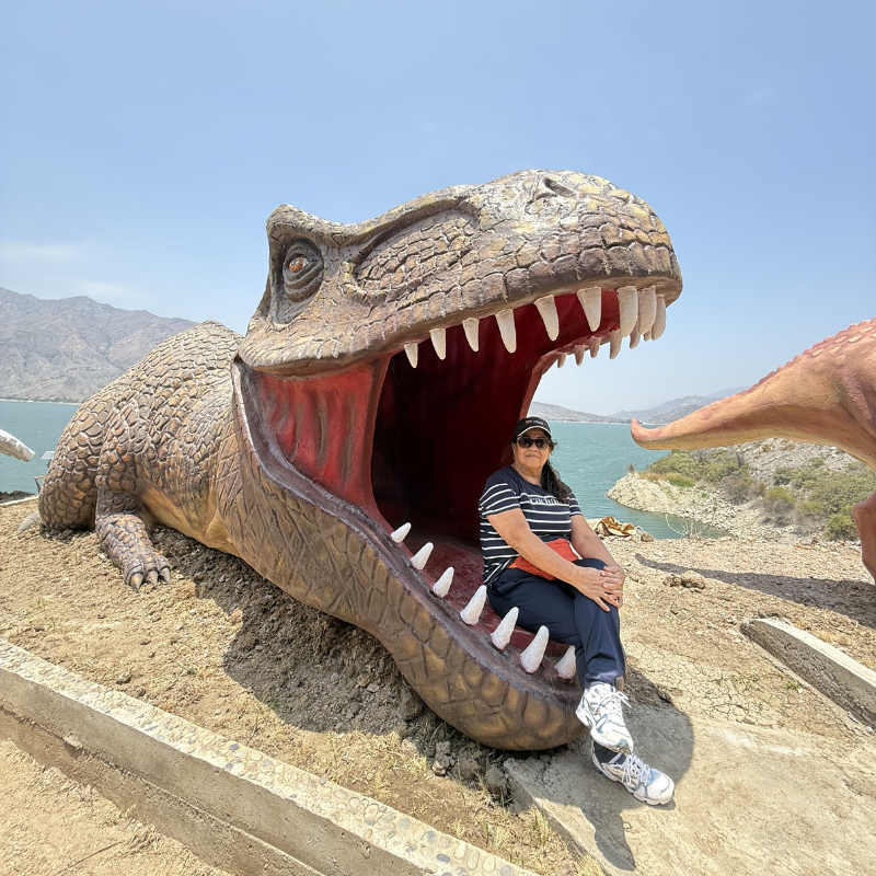 Turista sentada sonriendo dentro de las fauces abiertas de una escultura de dinosaurio Tiranosaurio Rex en el mirador de la Represa de Gallito Ciego