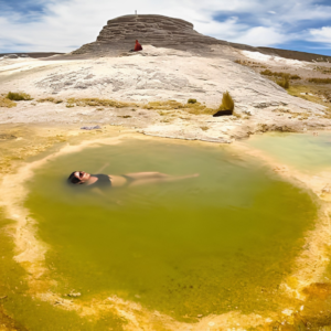 Una mujer con traje de baño negro flota relajada en una poza natural de agua termal verdosa con el imponente cono de piedra blanca del volcan Pachapupum al fondo bajo un cielo con nubes en Ayacucho