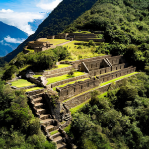 Vista aérea en ángulo picado del sitio arqueológico inca de Choquequirao en Cusco, Perú. La imagen muestra múltiples niveles de terrazas agrícolas y estructuras rectangulares de piedra perfectamente integradas en la ladera de una montaña verde. En la parte inferior, se observa una larga escalinata de piedra rodeada de vegetación densa, mientras que al fondo se aprecian montañas andinas empinadas bajo un cielo azul con nubes blancas.