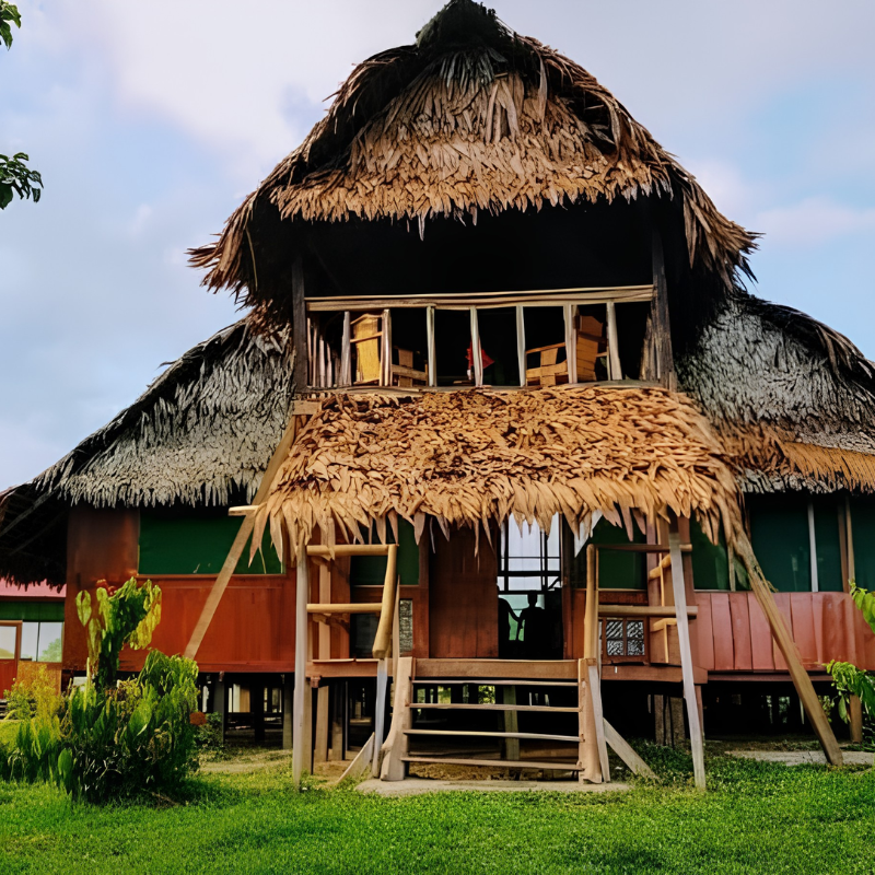 Fachada de un albergue turístico o ecolodge de madera construido sobre pilotes en la Amazonía. La estructura cuenta con dos niveles, amplios techos tradicionales de hojas de palma tejidas (crisnejas), un balcón en el segundo piso y escaleras de acceso sobre un jardín de césped verde