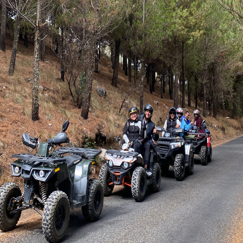 Una caravana de turistas equipados con cascos protectores posa alegremente a bordo de varias cuatrimotos todoterreno en fila, detenidos en una carretera rural bordeada por un espeso bosque de pinos en la sierra